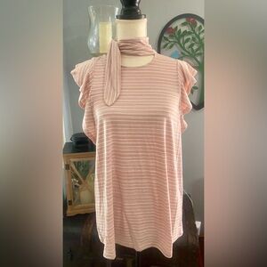 Doe & Rae Pink Striped Ruffle Blouse